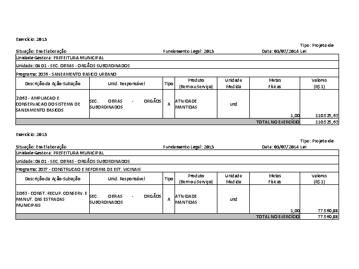 Exercício: 2015 Situação: Em Elaboração Unidade Gestora: PREFEITURA MUNICIPAL Tipo: Projeto de Data: 03/07/2014