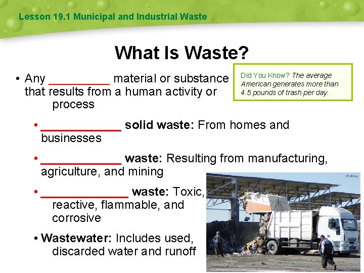 Lesson 19. 1 Municipal and Industrial Waste What Is Waste? • Any _____ material