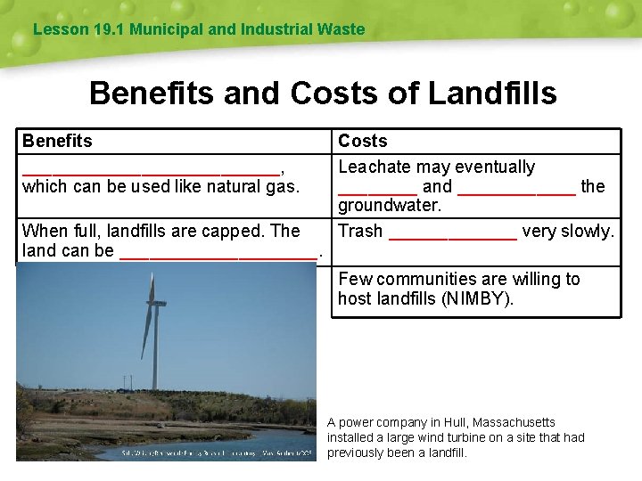 Lesson 19. 1 Municipal and Industrial Waste Benefits and Costs of Landfills Benefits _____________,