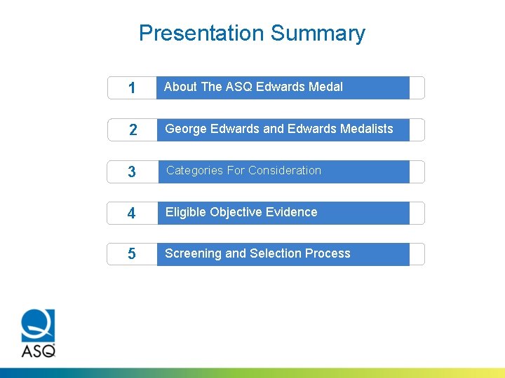 Presentation Summary 1 About The ASQ Edwards Medal Efficient Verification) 2 George Edwards and