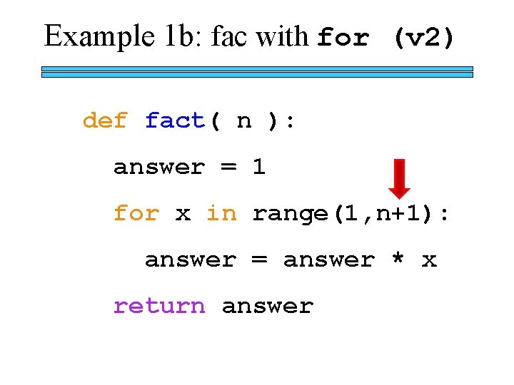 Example 1 b: fac with for (v 2) def fact( n ): answer =