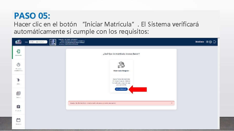 PASO 05: Hacer clic en el botón “Iniciar Matrícula”. El Sistema verificará automáticamente si