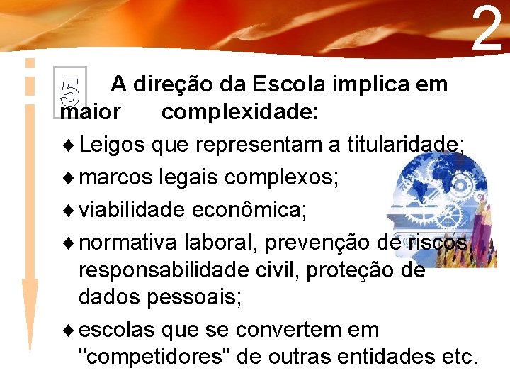 2 A direção da Escola implica em maior complexidade: Leigos que representam a titularidade;