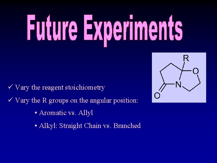 ü Vary the reagent stoichiometry ü Vary the R groups on the angular position: