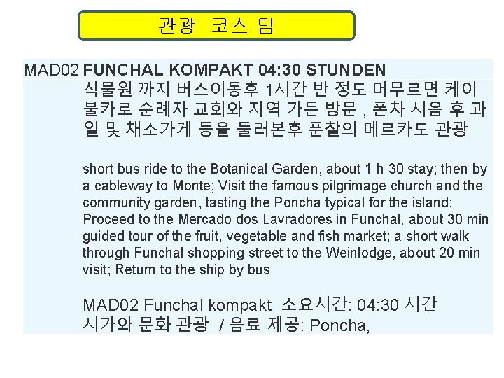 관광 코스 팀 MAD 02 FUNCHAL KOMPAKT 04: 30 STUNDEN 식물원 까지 버스이동후 1시간