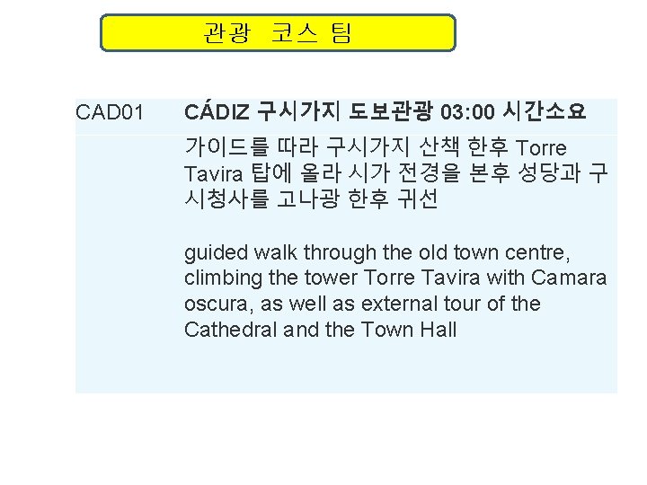 관광 코스 팀 CAD 01 CÁDIZ 구시가지 도보관광 03: 00 시간소요 가이드를 따라 구시가지