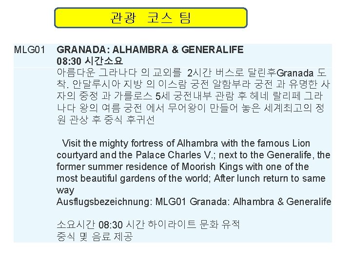 관광 코스 팀 MLG 01 GRANADA: ALHAMBRA & GENERALIFE 08: 30 시간소요 아름다운 그라나다