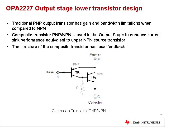 OPA 2227 Output stage lower transistor design • Traditional PNP output transistor has gain