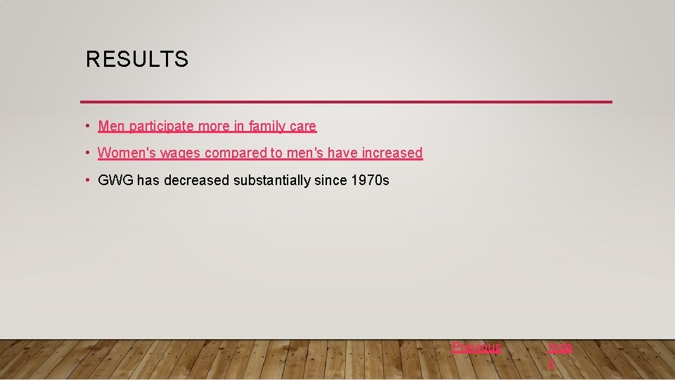 RESULTS • Men participate more in family care • Women's wages compared to men's