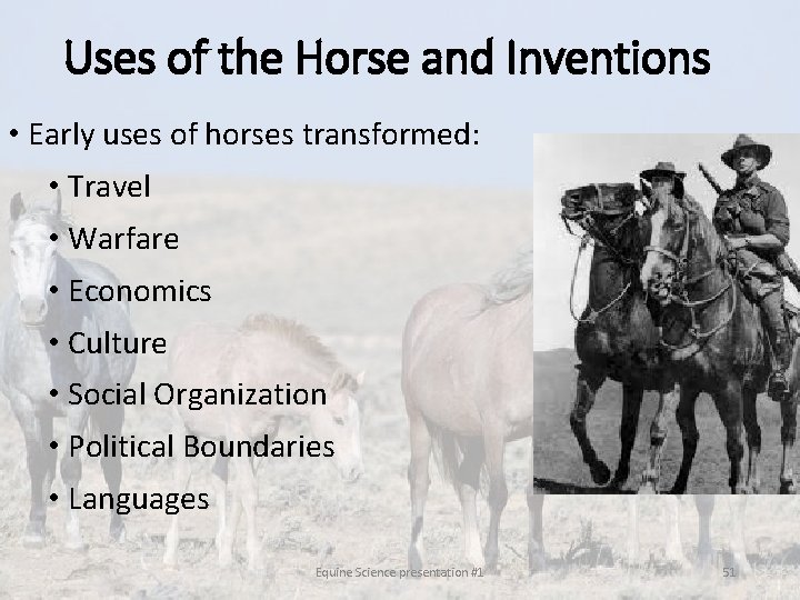 Uses of the Horse and Inventions • Early uses of horses transformed: • Travel Uses of the Horse and Inventions • Early uses of horses transformed: • Travel