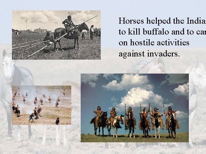 Horses helped the Indian to kill buffalo and to car on hostile activities against