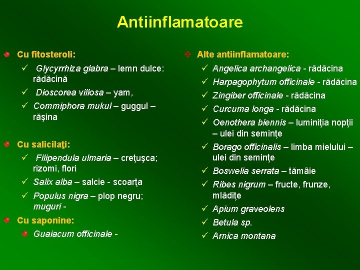 Antiinflamatoare Cu fitosteroli: ü Glycyrrhiza glabra – lemn dulce: rădăcină ü Dioscorea villosa –