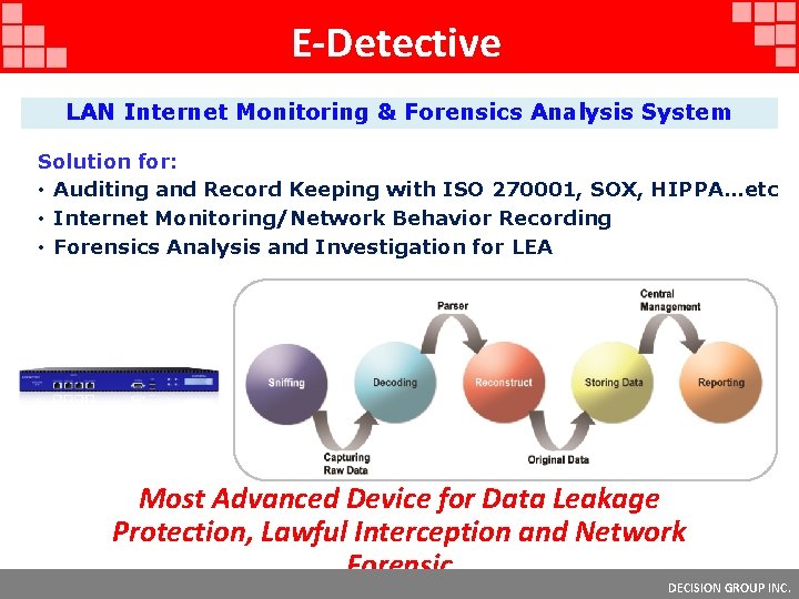 E-Detective LAN Internet Monitoring & Forensics Analysis System Solution for: • Auditing and Record