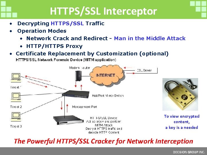 HTTPS/SSL Interceptor • Decrypting HTTPS/SSL Traffic • Operation Modes • Network Crack and Redirect