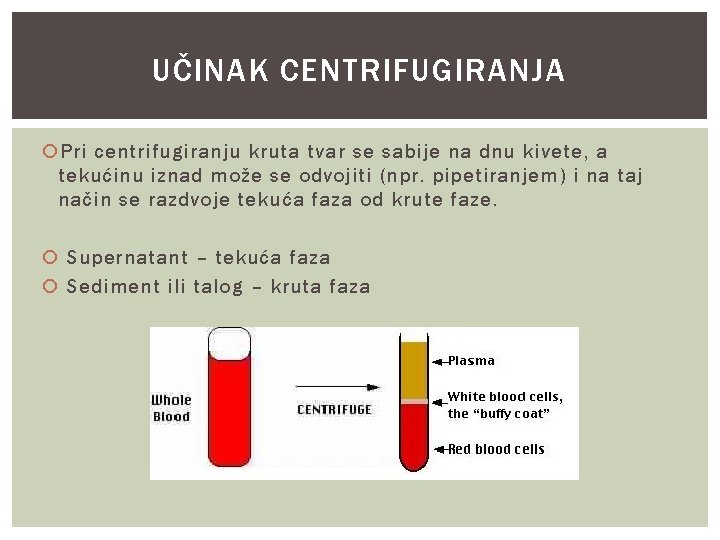 UČINAK CENTRIFUGIRANJA Pri centrifugiranju kruta tvar se sabije na dnu kivete, a tekućinu iznad