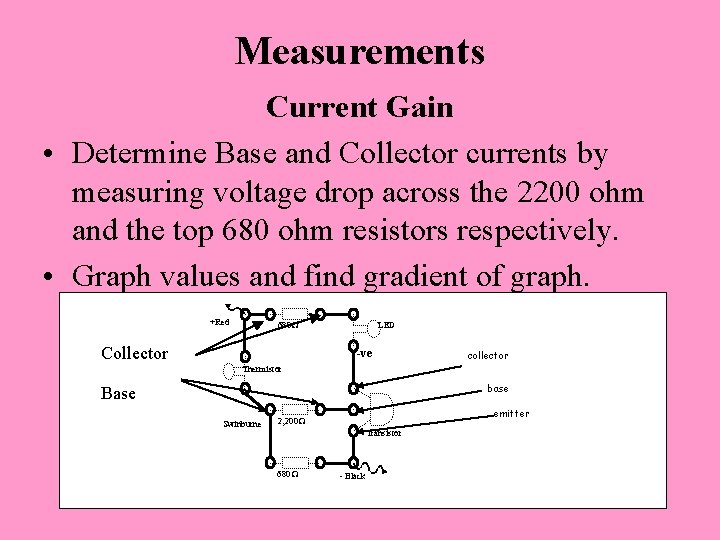 Measurements Current Gain • Determine Base and Collector currents by measuring voltage drop across