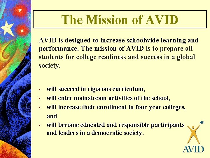 The Mission of AVID is designed to increase schoolwide learning and performance. The mission