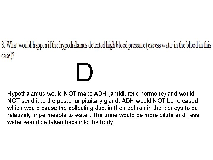 D Hypothalamus would NOT make ADH (antidiuretic hormone) and would NOT send it to