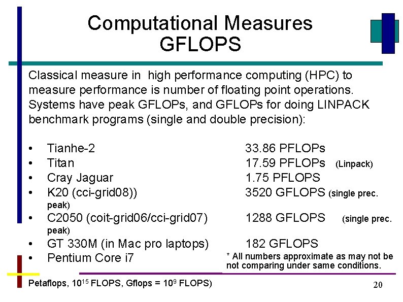 Computational Measures GFLOPS Classical measure in high performance computing (HPC) to measure performance is