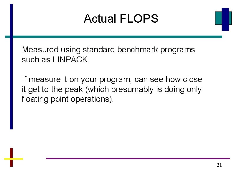 Actual FLOPS Measured using standard benchmark programs such as LINPACK If measure it on