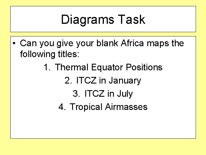 Diagrams Task • Can you give your blank Africa maps the following titles: 1.
