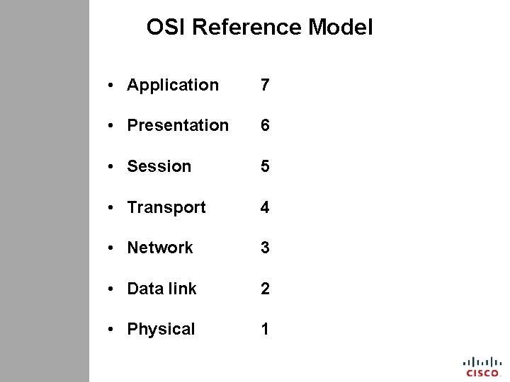 OSI Reference Model • Application 7 • Presentation 6 • Session 5 • Transport