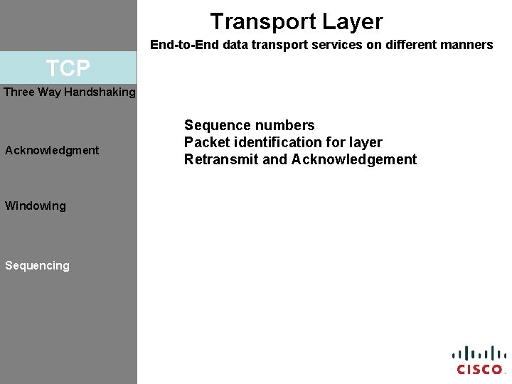 Transport Layer End-to-End data transport services on different manners TCP Three Way Handshaking Acknowledgment