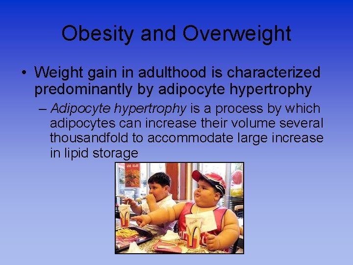 Obesity and Overweight • Weight gain in adulthood is characterized predominantly by adipocyte hypertrophy