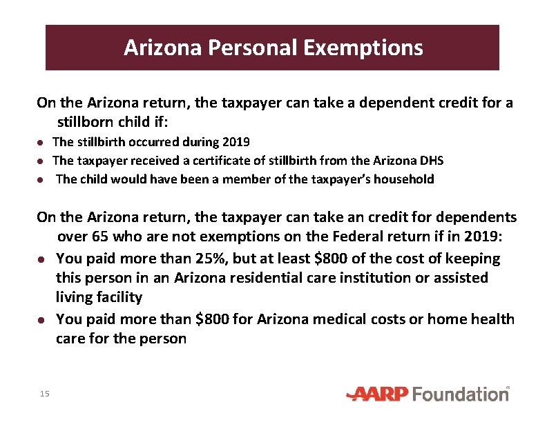 Arizona Personal Exemptions On the Arizona return, the taxpayer can take a dependent credit