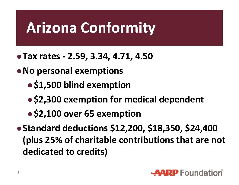 Arizona Conformity ● Tax rates - 2. 59, 3. 34, 4. 71, 4. 50