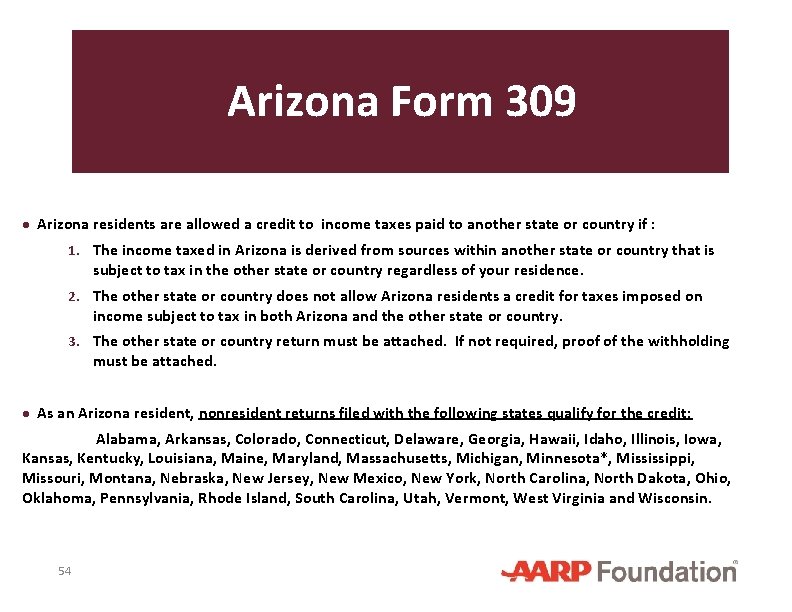 Arizona Form 309 ● Arizona residents are allowed a credit to income taxes paid