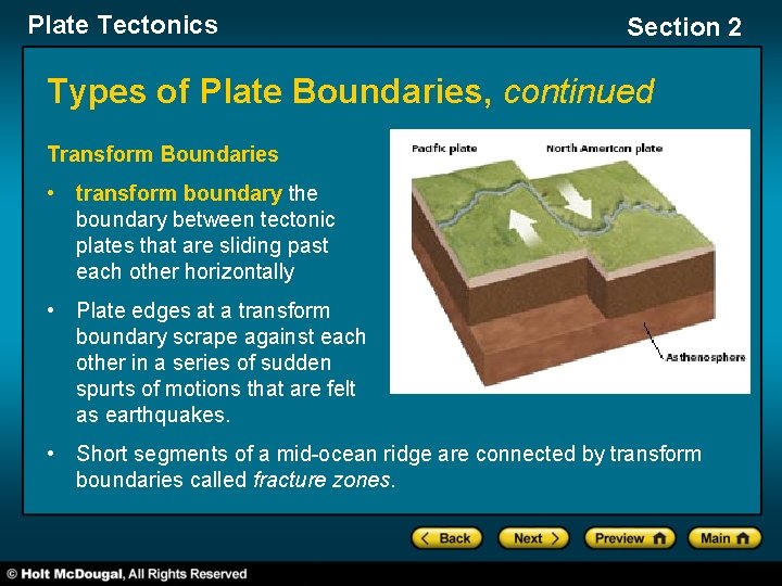 Plate Tectonics Section 2 Types of Plate Boundaries, continued Transform Boundaries • transform boundary