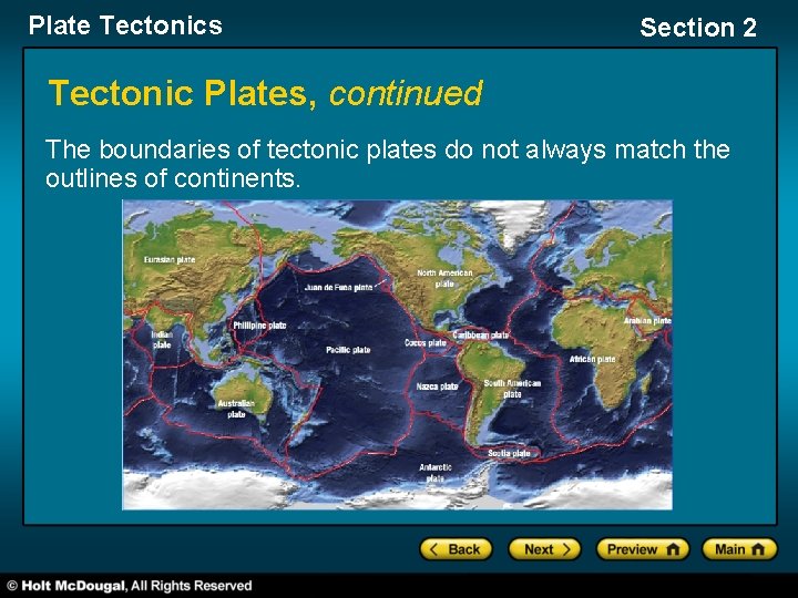 Plate Tectonics Section 2 Tectonic Plates, continued The boundaries of tectonic plates do not