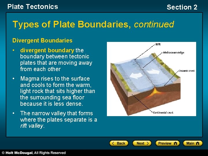 Plate Tectonics Section 2 Types of Plate Boundaries, continued Divergent Boundaries • divergent boundary