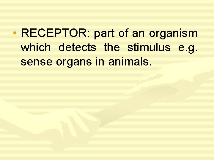  • RECEPTOR: part of an organism which detects the stimulus e. g. sense