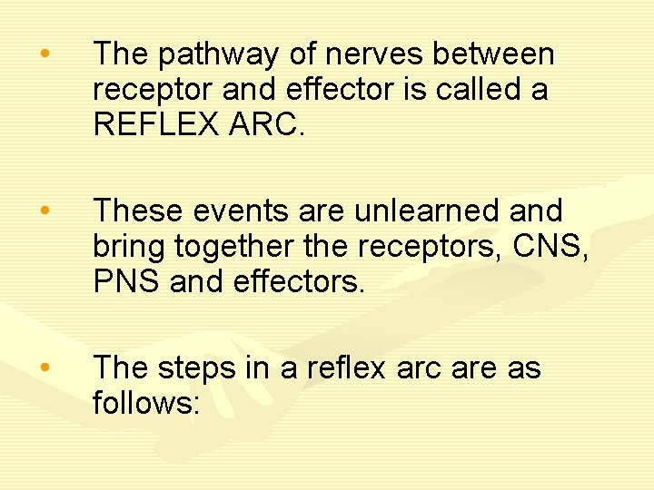  • The pathway of nerves between receptor and effector is called a REFLEX