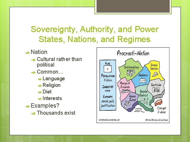 Sovereignty, Authority, and Power States, Nations, and Regimes Nation Cultural rather than political Common…