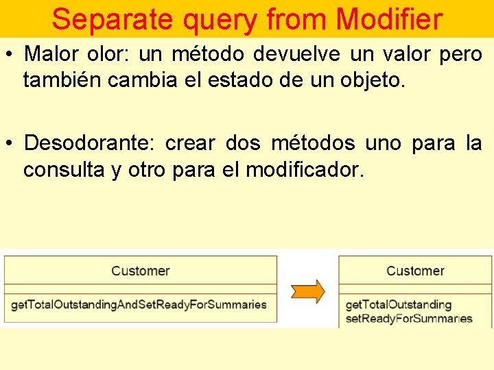 Separate query from Modifier • Malor olor: un método devuelve un valor pero también