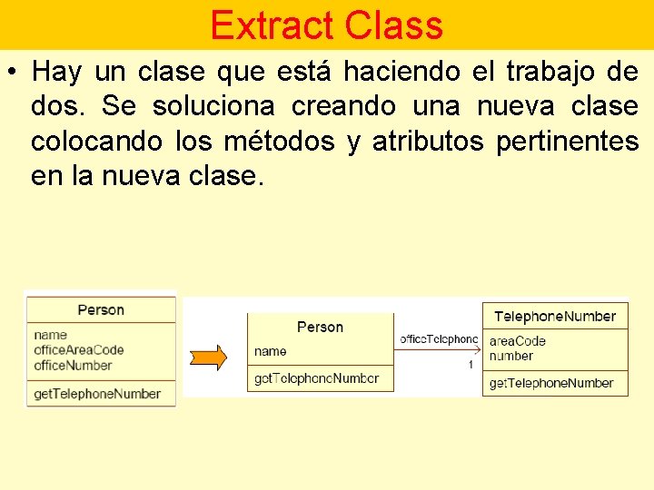 Extract Class • Hay un clase que está haciendo el trabajo de dos. Se