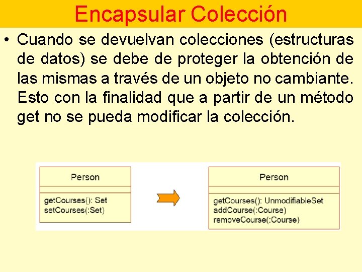 Encapsular Colección • Cuando se devuelvan colecciones (estructuras de datos) se debe de proteger