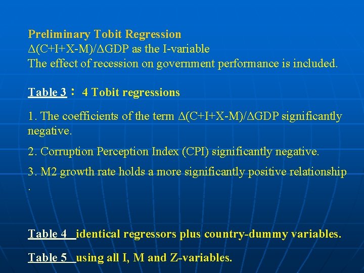 Preliminary Tobit Regression Δ(C+I+X-M)/ΔGDP as the I-variable The effect of recession on government performance