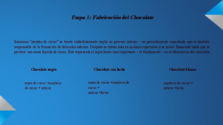 Etapa 3: Fabricación del Chocolate llamamos “pepitas de cacao” se tuesta cuidadosamente según un