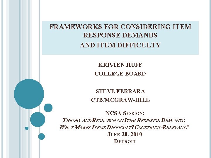 FRAMEWORKS FOR CONSIDERING ITEM RESPONSE DEMANDS AND ITEM DIFFICULTY KRISTEN HUFF COLLEGE BOARD STEVE