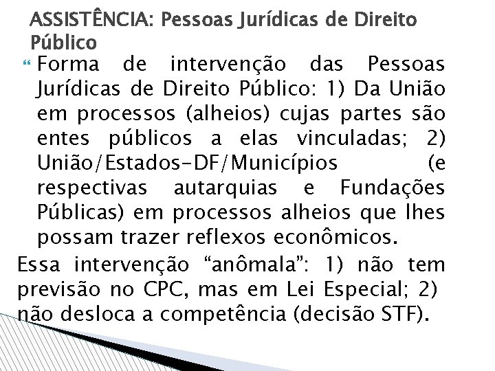 ASSISTÊNCIA: Pessoas Jurídicas de Direito Público Forma de intervenção das Pessoas Jurídicas de Direito