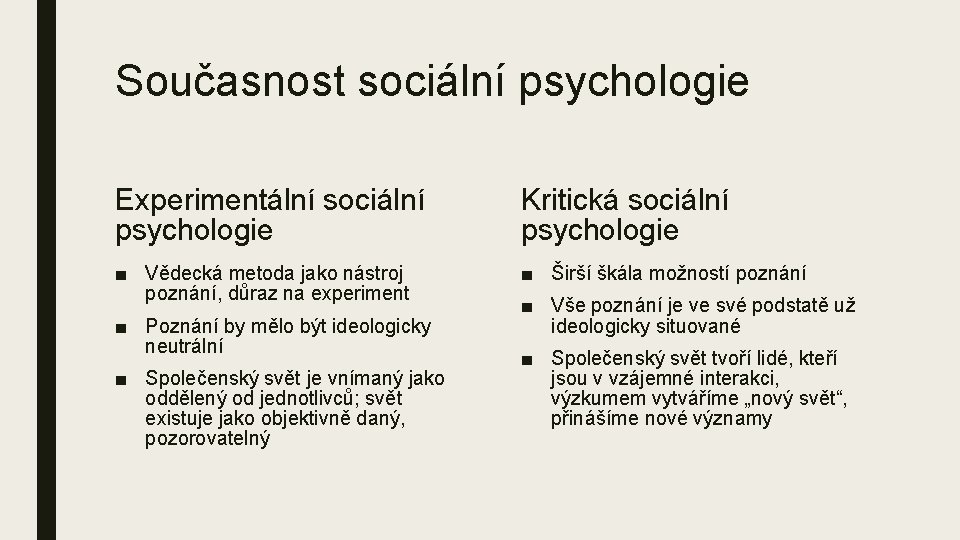 Současnost sociální psychologie Experimentální sociální psychologie Kritická sociální psychologie ■ Vědecká metoda jako nástroj