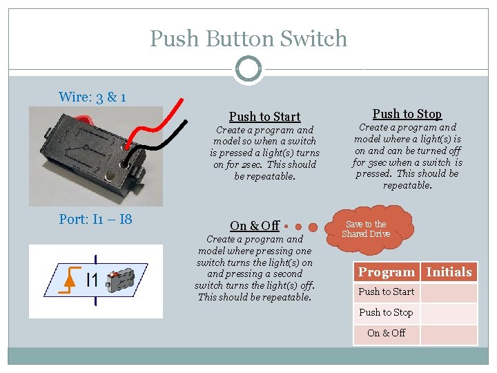 Push Button Switch Wire: 3 & 1 Push to Start Create a program and