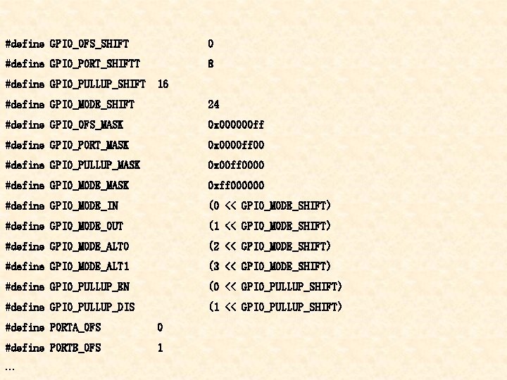 #define GPIO_OFS_SHIFT 0 #define GPIO_PORT_SHIFTT 8 #define GPIO_PULLUP_SHIFT 16 #define GPIO_MODE_SHIFT 24 #define GPIO_OFS_MASK