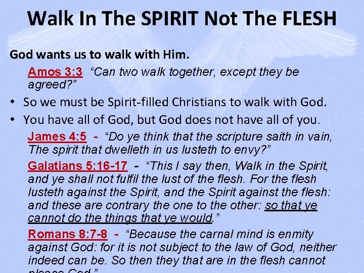 Walk In The SPIRIT Not The FLESH God wants us to walk with Him.