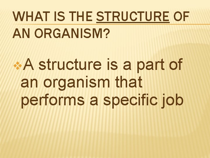 WHAT IS THE STRUCTURE OF AN ORGANISM? v. A structure is a part of WHAT IS THE STRUCTURE OF AN ORGANISM? v. A structure is a part of