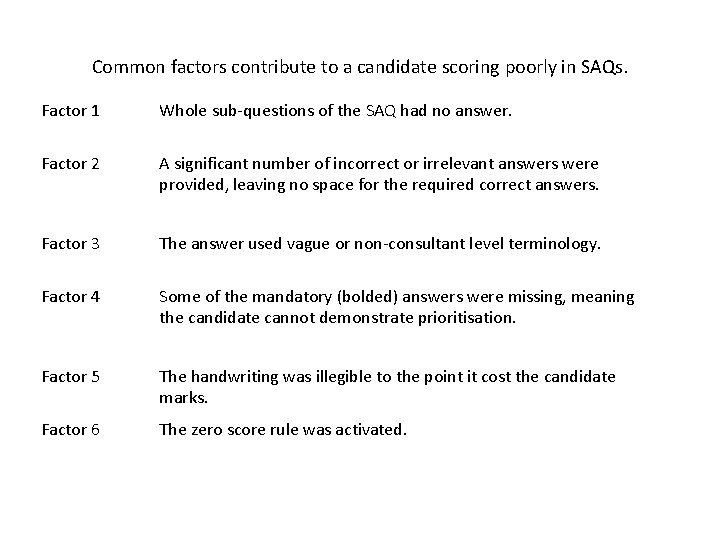 Common factors contribute to a candidate scoring poorly in SAQs. Factor 1 Whole sub-questions